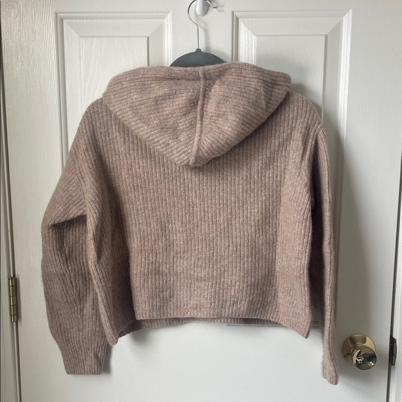 100% Cashmere Women's Cozy Hooded Crop Sweater in Taupe - Picture 3 of 3